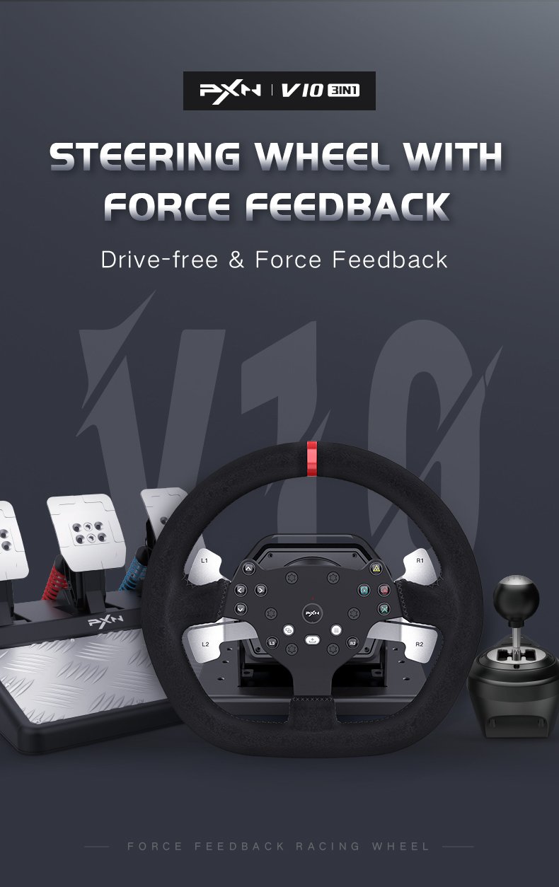 הגה + 3 דוושות +הילוכים - PXN-V10 force feedback game steering wheel |  סימולטורים